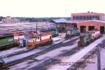 ex-Frisco, Burlington Northern locomotive shops at Springfield, Missouri, with locomotives 1394, 6338, 6652, 6675, 6659, 1000.  September 12, 1982. 